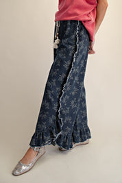 Josie Floral Print Washed Denim Palazzo Pants - Westly