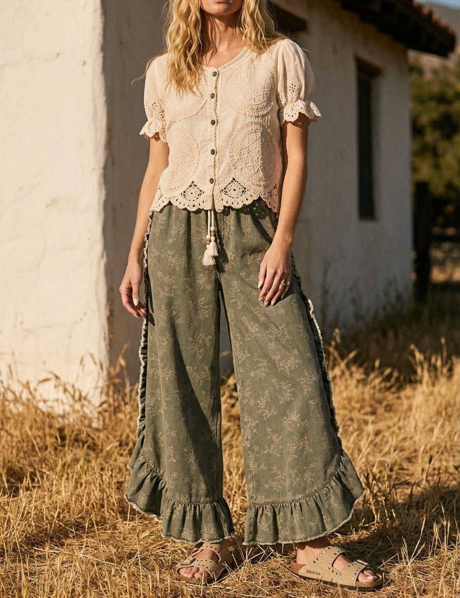 Josie Floral Print Washed Denim Palazzo Pants - Westly