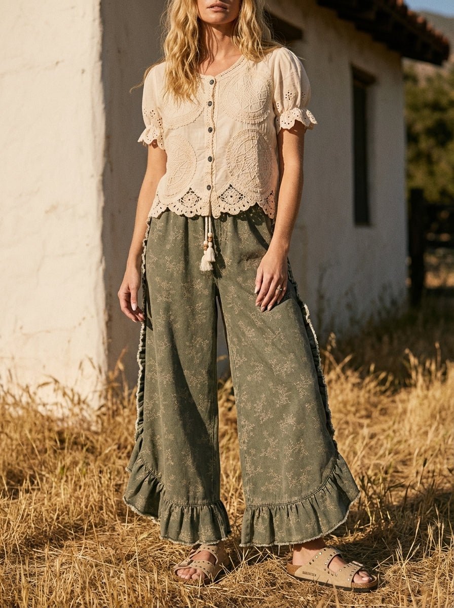 Josie Floral Print Washed Denim Palazzo Pants - Westly