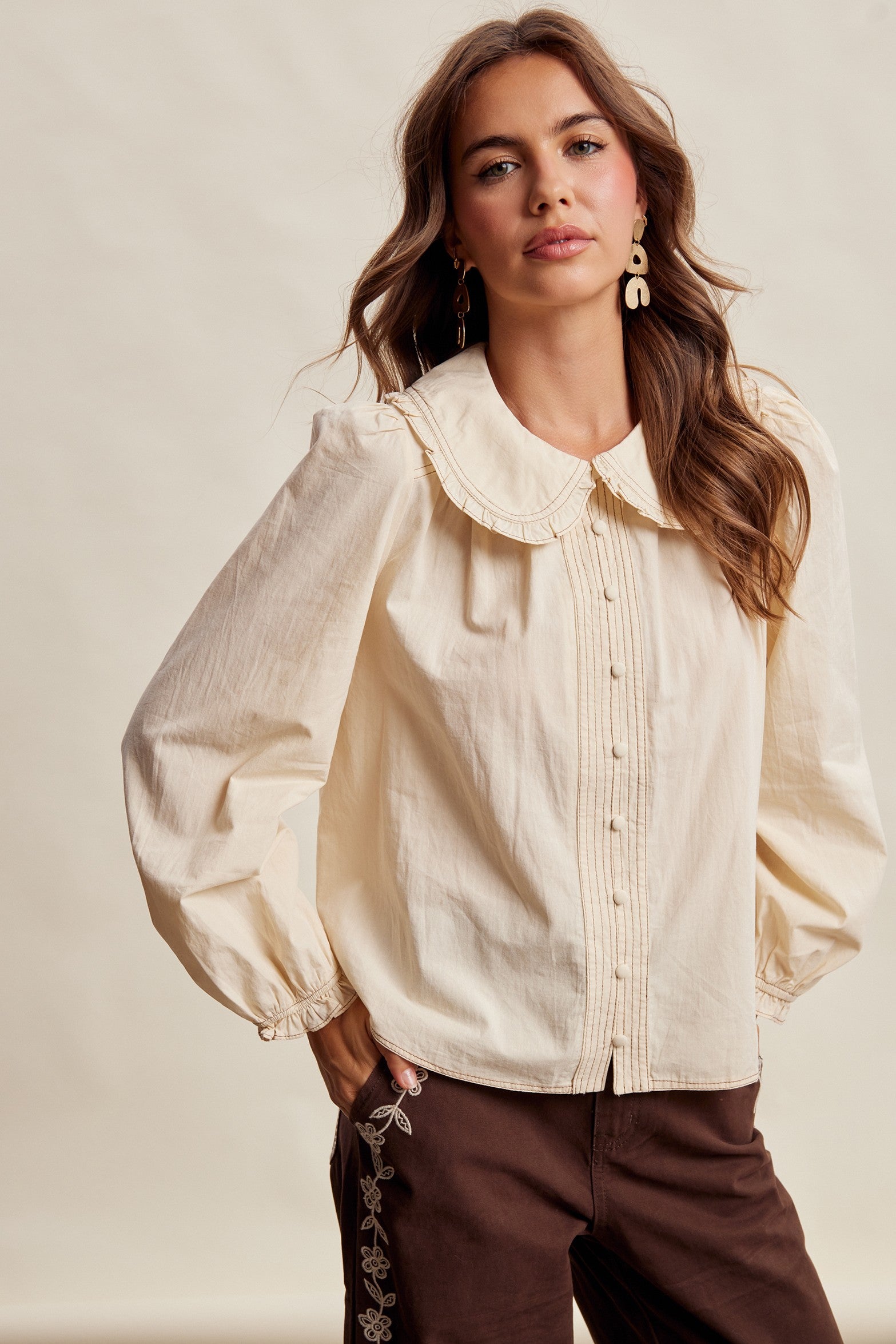 Juliette Ruffle Collar Cotton Blouse in Cream - product photo 6
