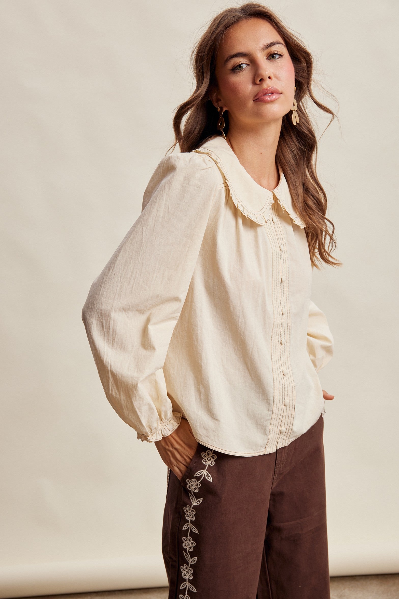 Juliette Ruffle Collar Cotton Blouse in Cream - product photo 11