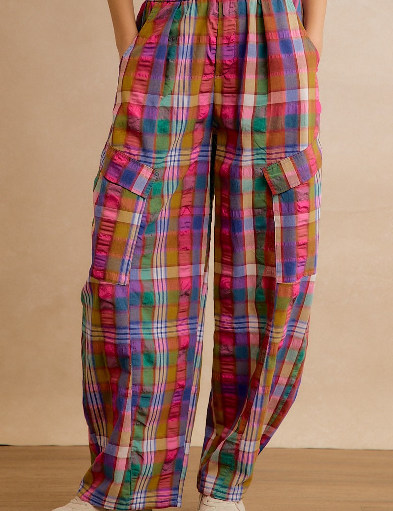 Kaleida Plaid Wide Leg Cargo Pants - Multi