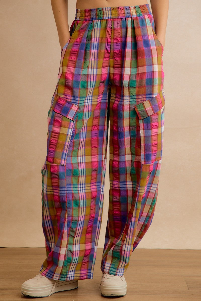 Kaleida Plaid Wide Leg Cargo Pants - Multi