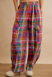 Kaleida Plaid Wide Leg Cargo Pants - Multi