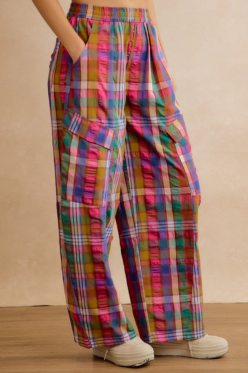 Kaleida Plaid Wide Leg Cargo Pants - Multi