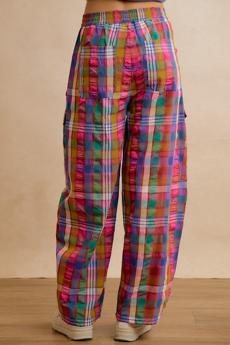 Kaleida Plaid Wide Leg Cargo Pants - Multi