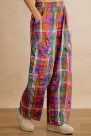 Kaleida Plaid Wide Leg Cargo Pants - Multi