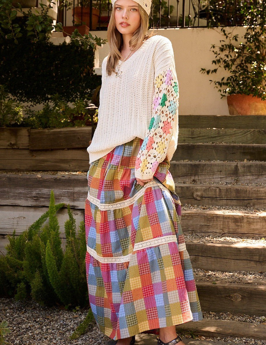 Kaleidoscope Plaid Lace Maxi Skirt - Westly