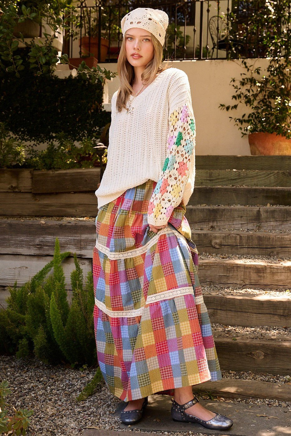Kaleidoscope Plaid Lace Maxi Skirt - Westly