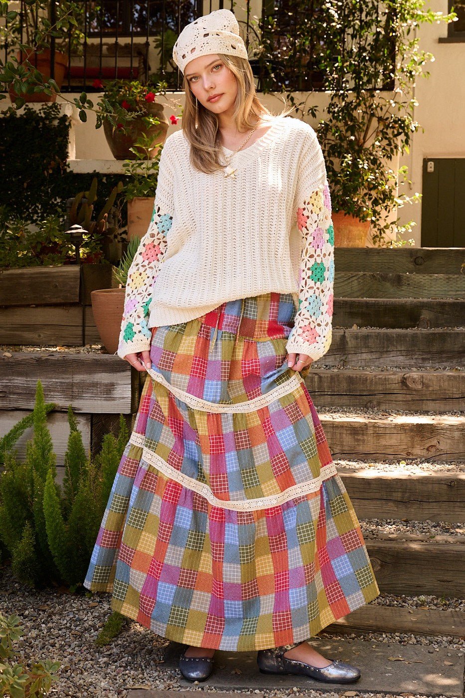 Kaleidoscope Plaid Lace Maxi Skirt - Westly