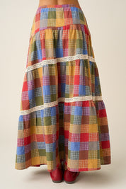 Kaleidoscope Plaid Lace Maxi Skirt - Westly