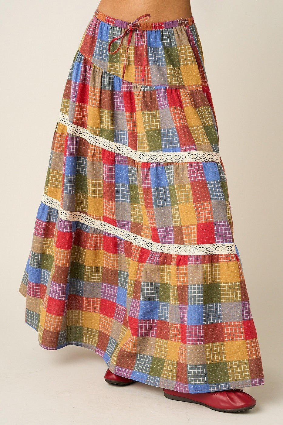 Kaleidoscope Plaid Lace Maxi Skirt - Westly