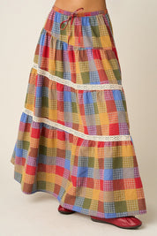 Kaleidoscope Plaid Lace Maxi Skirt - Westly