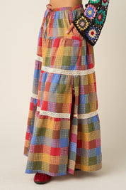 Kaleidoscope Plaid Lace Maxi Skirt - Westly