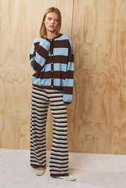 Kestrel Wide Stripe Cardigan - Brown Light Blue Stripe