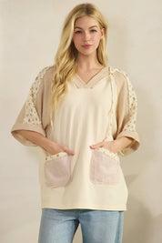 Kinsley Floral Trim Mixed Fabric Hoodie Pullover - Westly