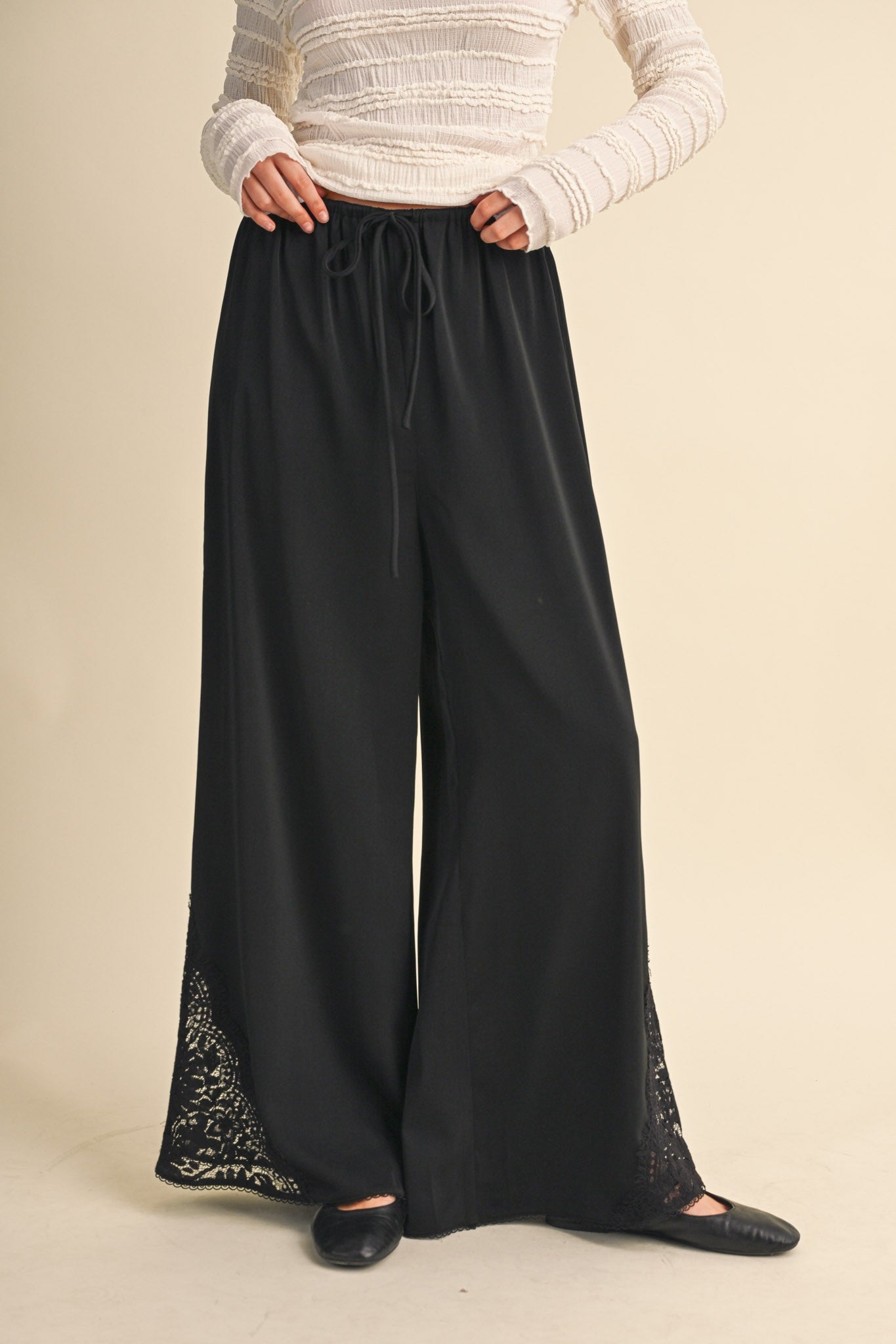 Lace at Leisure Lace Hem Palazzo Pants in Black, photo 2