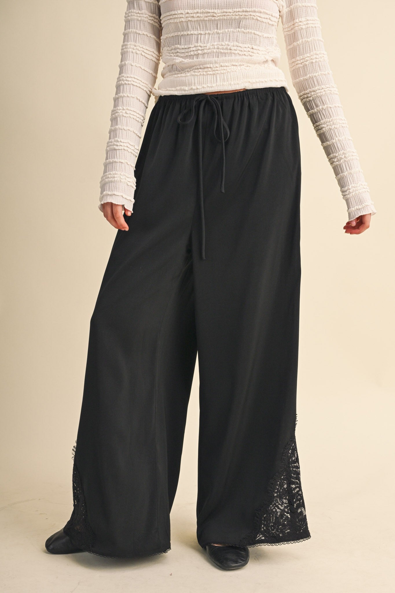Lace at Leisure Lace Hem Palazzo Pants in Black, photo 3