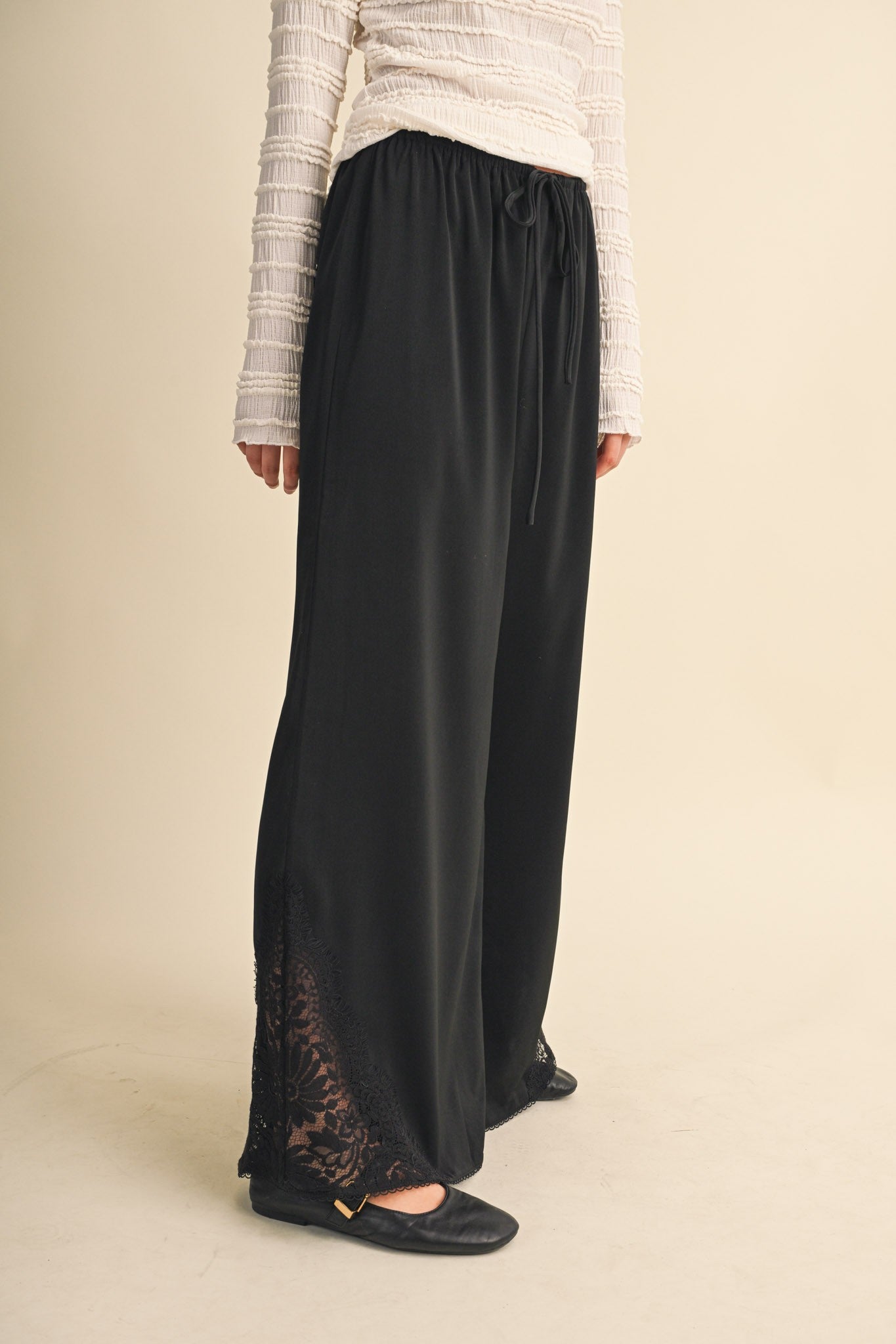 Lace at Leisure Lace Hem Palazzo Pants in Black, photo 8