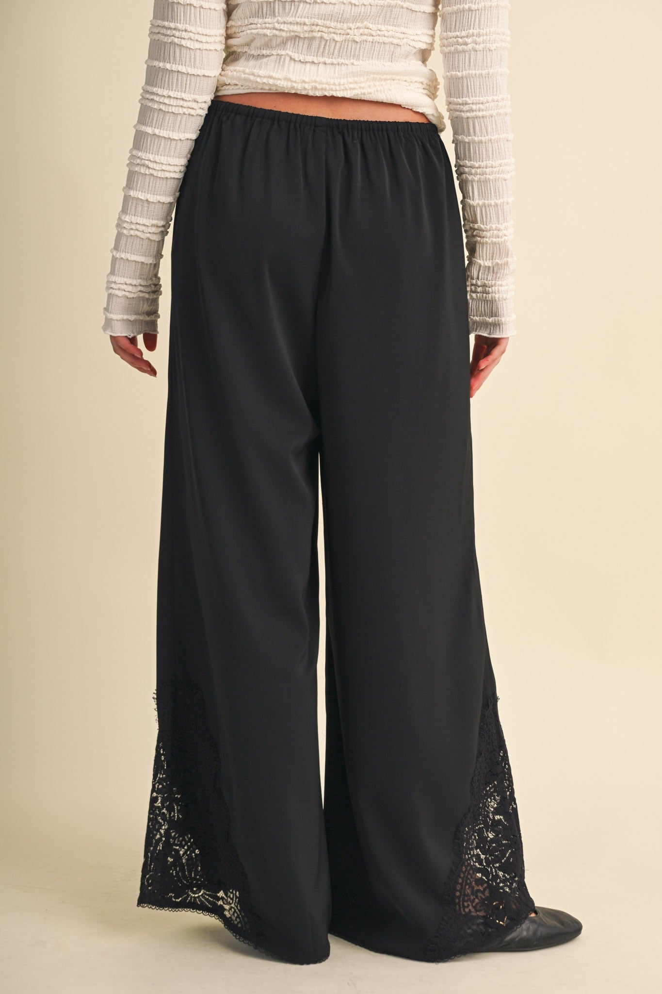 Lace at Leisure Lace Hem Palazzo Pants in Black, photo 9