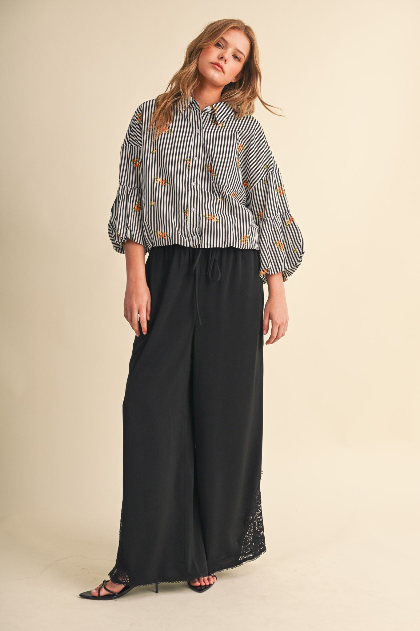 Lace at Leisure Lace Hem Palazzo Pants in Black, photo 11