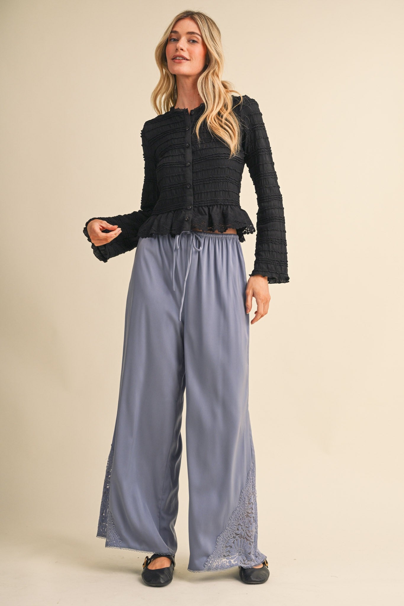 Lace at Leisure Lace Hem Palazzo Pants in Slate Blue, photo 9