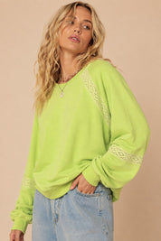 Lace in the Morning Crochet Trim Sweatshirt in Neon Green, photo 3