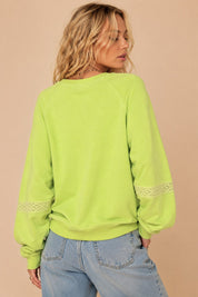 Lace in the Morning Crochet Trim Sweatshirt in Neon Green, photo 4