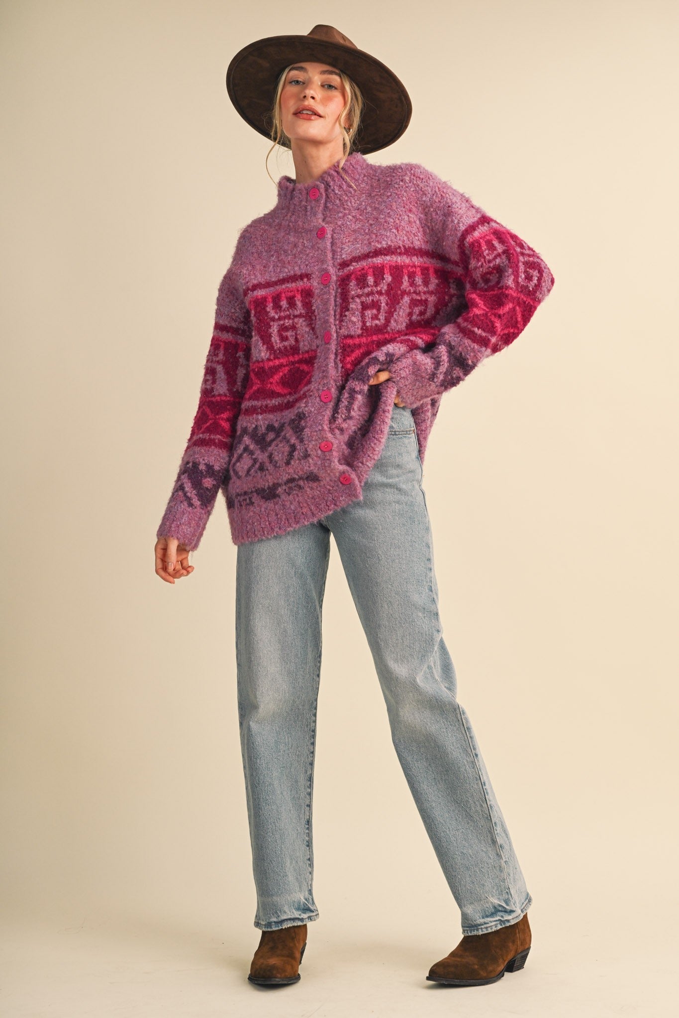Lapland Geometric Fuzzy Knit Cardigan - Westly