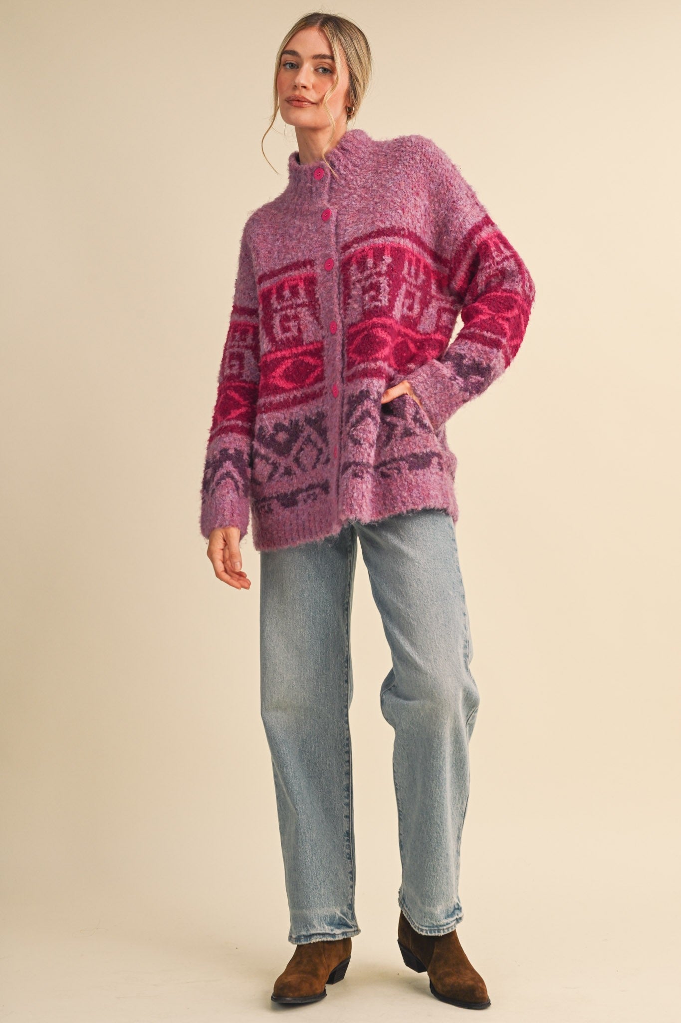 Lapland Geometric Fuzzy Knit Cardigan - Westly