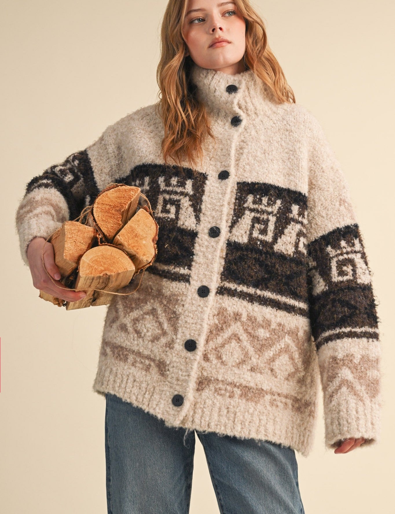Lapland Geometric Fuzzy Knit Cardigan - Westly