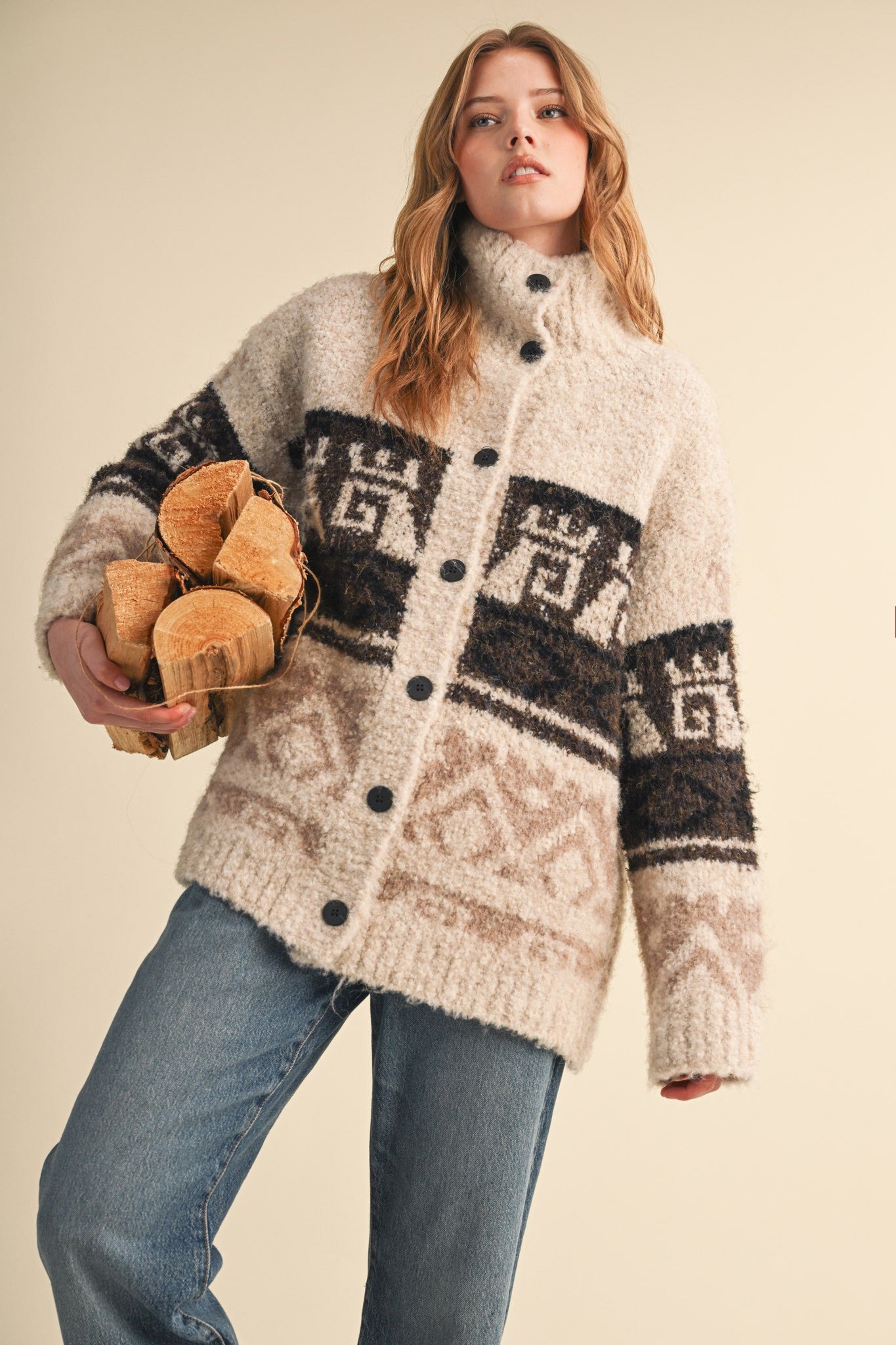 Lapland Geometric Fuzzy Knit Cardigan in Beige Multi, photo 1