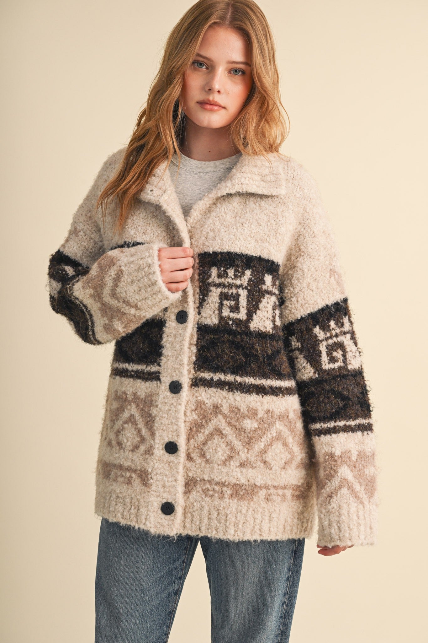 Lapland Geometric Fuzzy Knit Cardigan in Beige Multi, photo 3