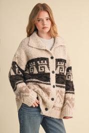 Lapland Geometric Fuzzy Knit Cardigan in Beige Multi, photo 5