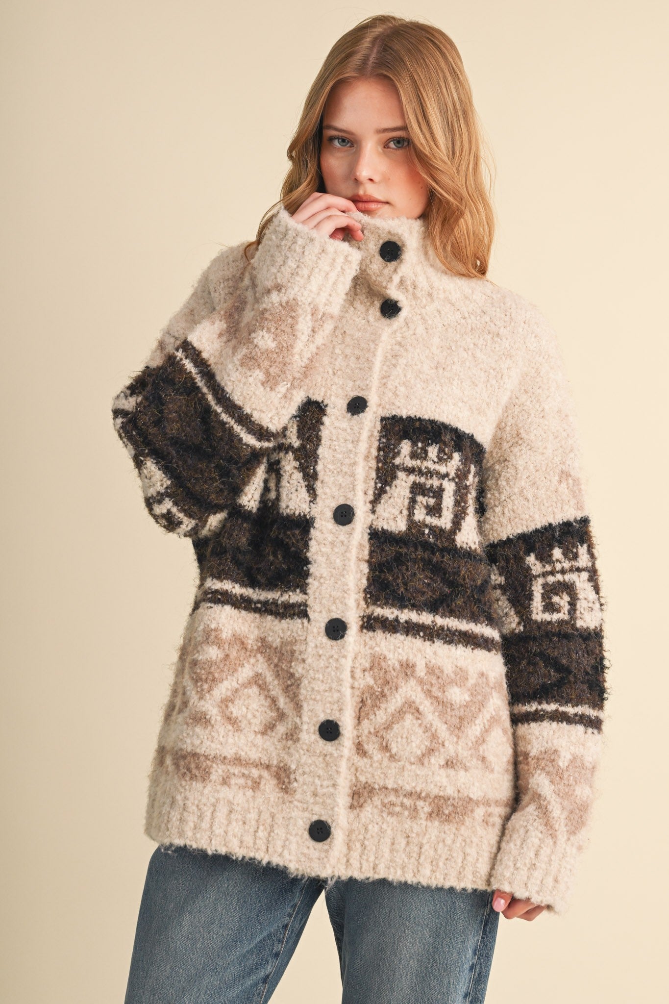 Lapland Geometric Fuzzy Knit Cardigan in Beige Multi, photo 6