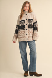 Lapland Geometric Fuzzy Knit Cardigan in Beige Multi, photo 12
