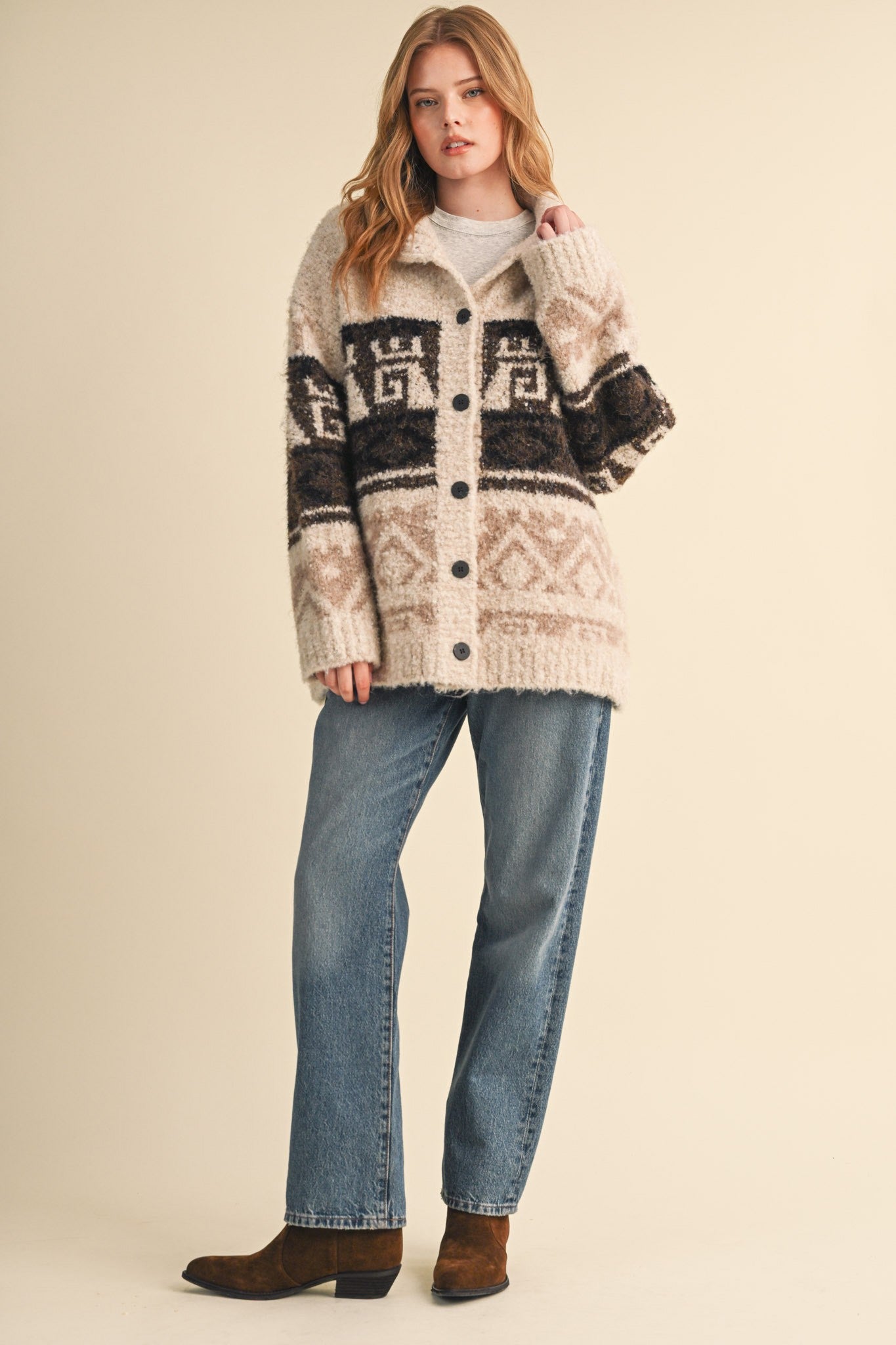 Lapland Geometric Fuzzy Knit Cardigan in Beige Multi, photo 13
