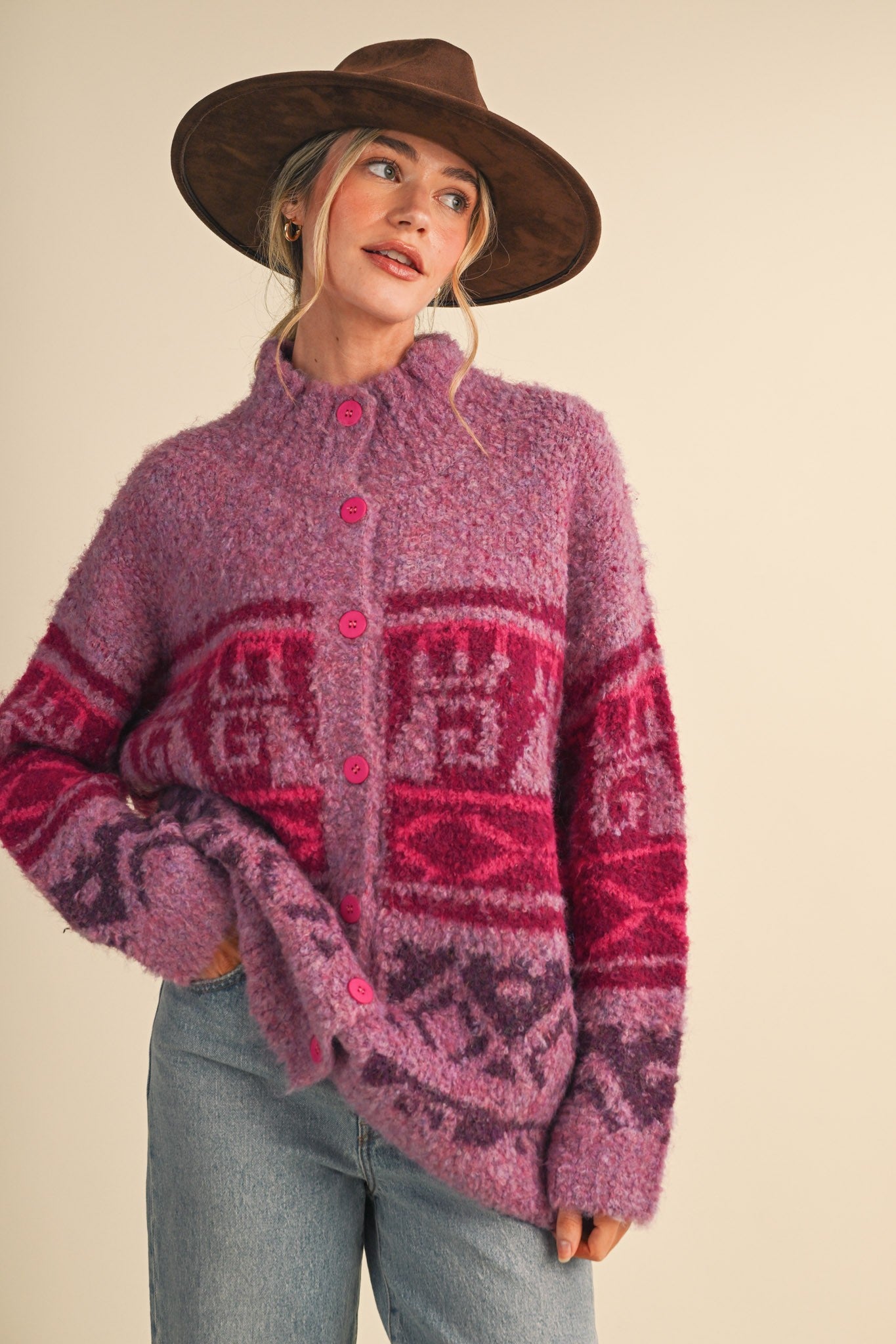 Lapland Geometric Fuzzy Knit Cardigan in Fuchsia Multi, photo 1