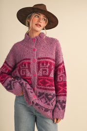 Lapland Geometric Fuzzy Knit Cardigan in Fuchsia Multi, photo 1