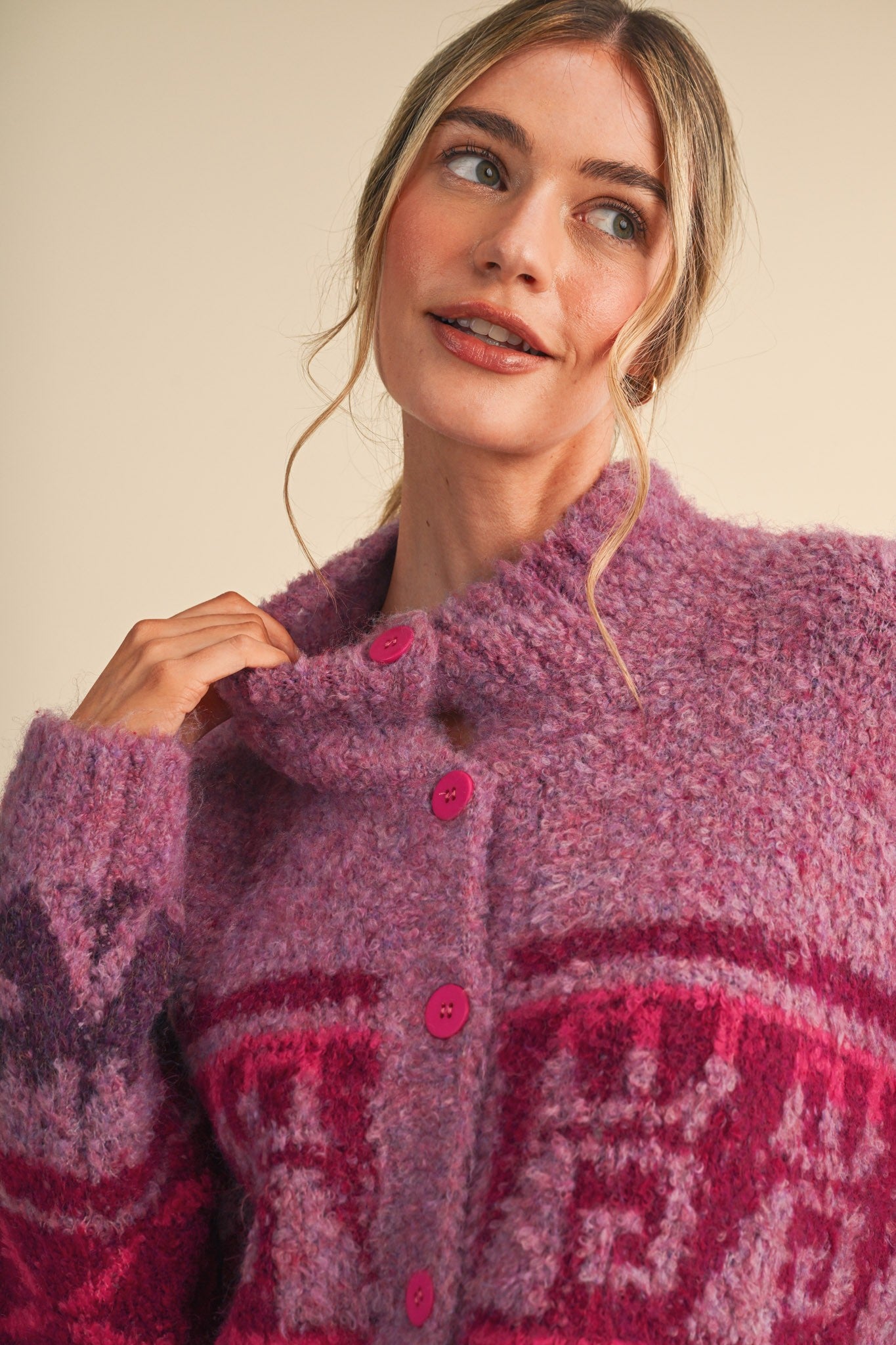 Lapland Geometric Fuzzy Knit Cardigan in Fuchsia Multi, photo 2