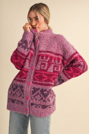 Lapland Geometric Fuzzy Knit Cardigan in Fuchsia Multi, photo 3