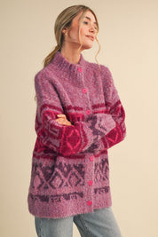 Lapland Geometric Fuzzy Knit Cardigan in Fuchsia Multi, photo 4