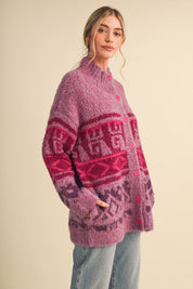 Lapland Geometric Fuzzy Knit Cardigan in Fuchsia Multi, photo 6