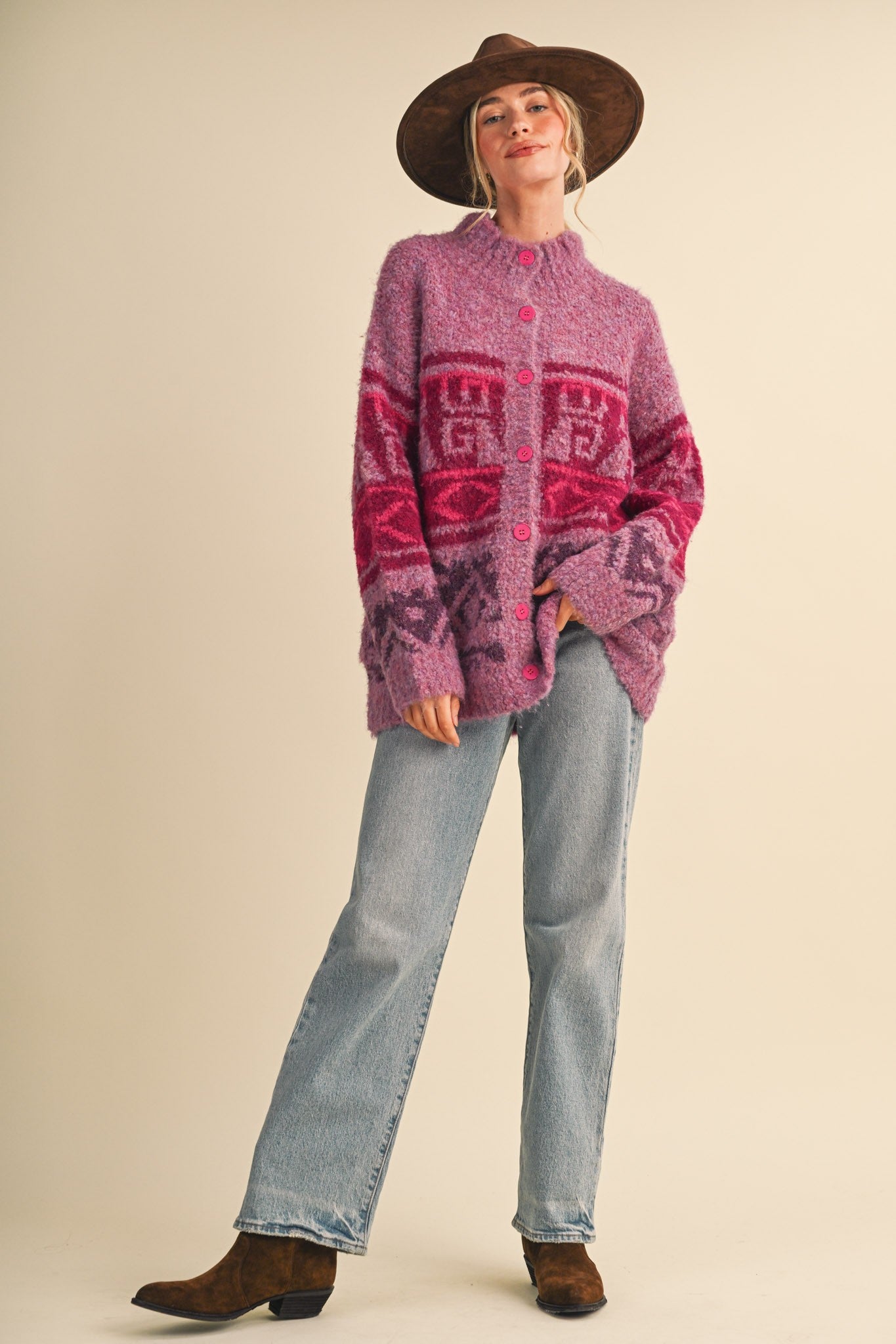 Lapland Geometric Fuzzy Knit Cardigan in Fuchsia Multi, photo 8