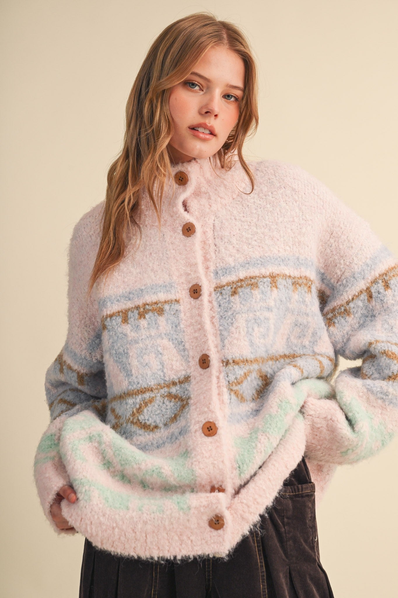 Lapland Geometric Fuzzy Knit Cardigan in Pink Multi, photo 1