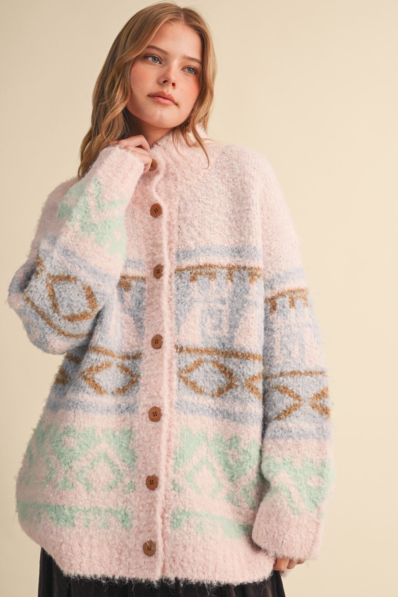 Lapland Geometric Fuzzy Knit Cardigan in Pink Multi, photo 2