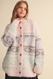 Lapland Geometric Fuzzy Knit Cardigan in Pink Multi, photo 2