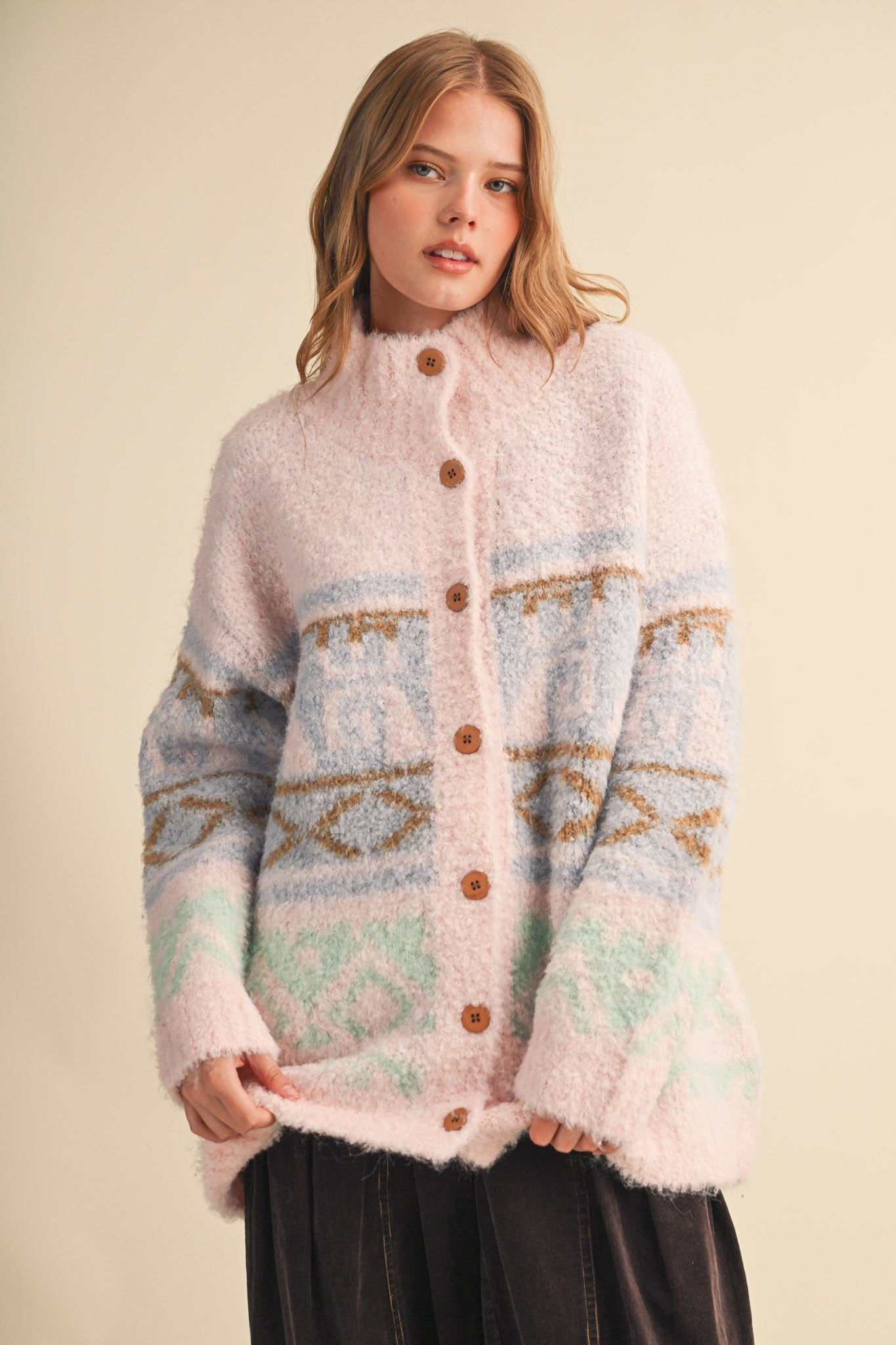 Lapland Geometric Fuzzy Knit Cardigan in Pink Multi, photo 3