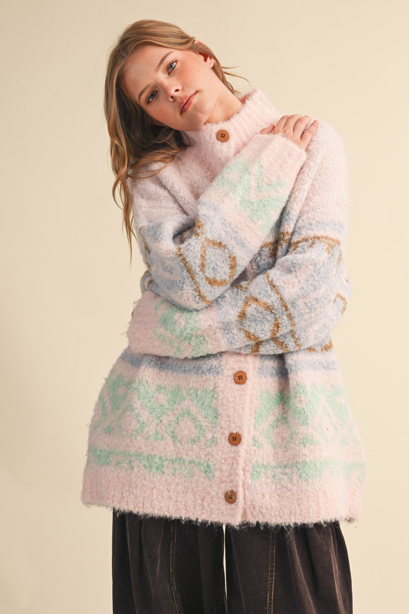 Lapland Geometric Fuzzy Knit Cardigan in Pink Multi, photo 4