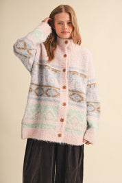 Lapland Geometric Fuzzy Knit Cardigan in Pink Multi, photo 5